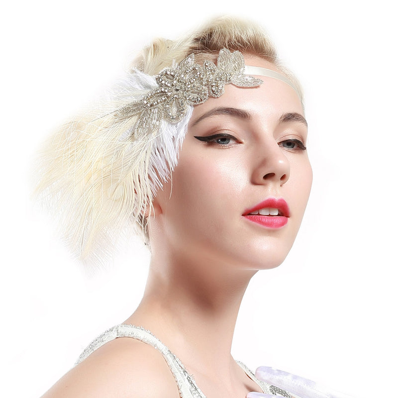 [Australia] - BABEYOND Women's Peacock Gatsby Party Wedding Headband with Ribbon Flapper Costumes Accessories Peacock Headband with Feather Apricot 