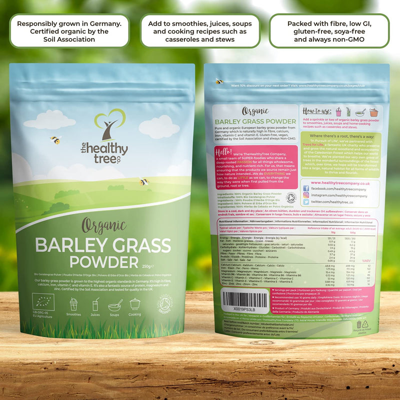 [Australia] - Organic Barley Grass Powder by TheHealthyTree Company - High in Calcium, Fibre, Iron and Vitamin C - Gluten Free Pure Vegan Barleygrass from Germany (250g) 250 g (Pack of 1) 