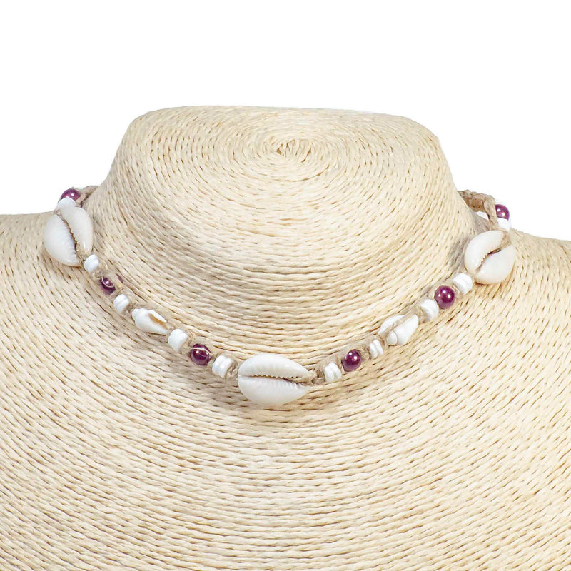 [Australia] - BlueRica Braided Hemp Cord Choker Necklace with Cowrie Shells, Puka Shells and Purple Glow Beads 