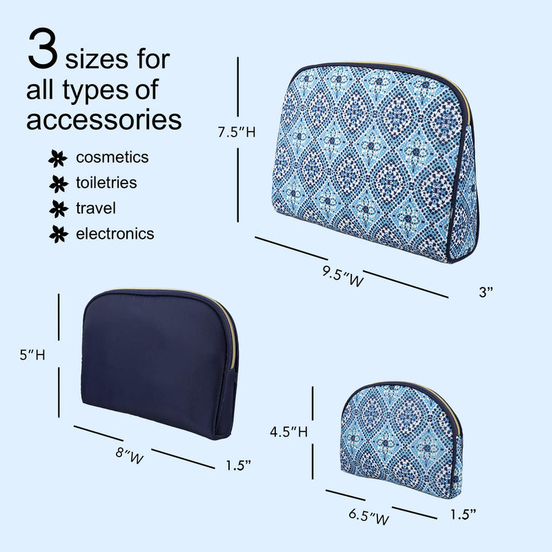 [Australia] - Once Upon A Rose 3 Pc Cosmetic Bag Set, Purse Size Makeup Bag for Women, Toiletry Travel Bag, Makeup Organizer, Cosmetic Bag for Girls Zippered Pouch Set, Large, Medium, Small (Navy & Blue) 