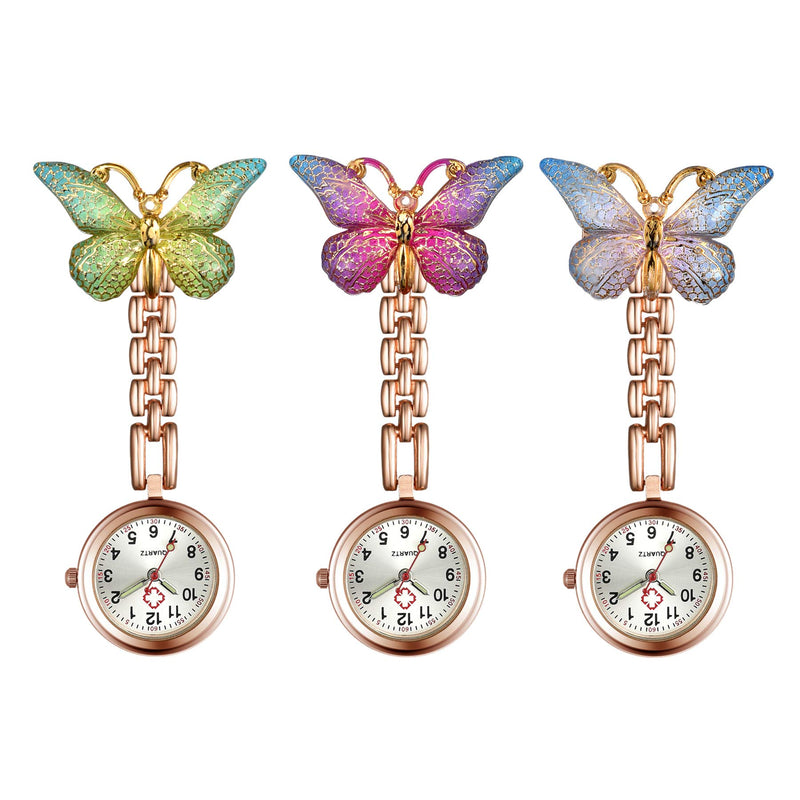 [Australia] - 1-3 Pack Women Girl Butterfly Brooch Nurse Watch Pin-On with Secondhand Stethoscope Lapel Fob Pocket Badge Watches for Doctor Nurse Easy to Read green 