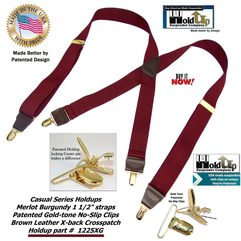 [Australia] - HoldUp Brand Merlot Burgundy X-back Suspenders with patented No-Slip Gold-tone center pin clips 