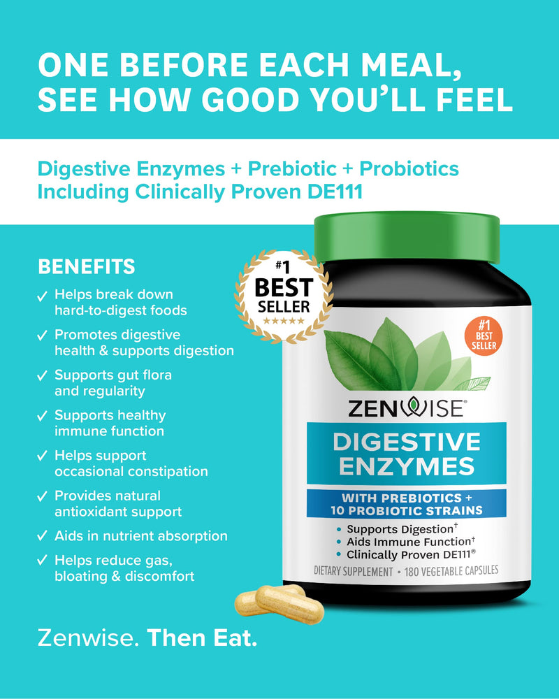 [Australia] - Zenwise Digestive Enzymes Plus Prebiotics & Probiotics Supplement, 180 Servings, Vegan Formula for Better Digestion & Lactose Absorption with Amylase & Bromelain, 2 Month Supply 180 Count (Pack of 1) 