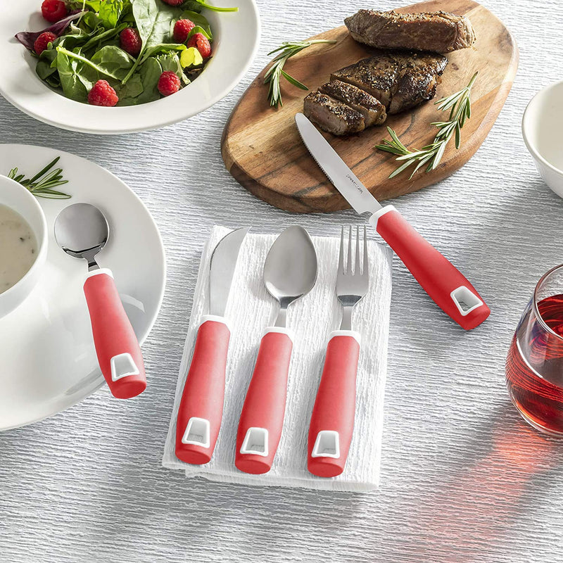[Australia] - Special Supplies Adaptive Utensils 5-Piece Set Non-Weighted, Non-Slip Handles for Hand Tremors, Arthritis, Parkinson’s or Elderly Use - Stainless Steel Knife, Rocker Knife, Fork, Spoons - Red 