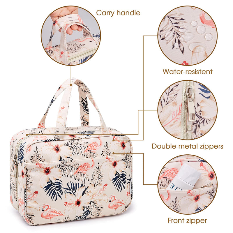 [Australia] - Large Hanging Toiletry Wash Bag Makeup Cosmetic Organizer for Women Girls Kids Waterproof (Beige Flamingo) Beige Flamingo 