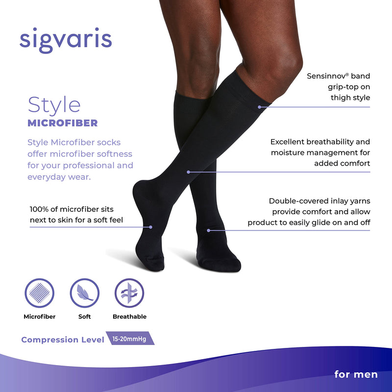 [Australia] - SIGVARIS Men’s Style Microfiber 820 Closed Toe Calf-High Socks 15-20mmHg Black Large Long 