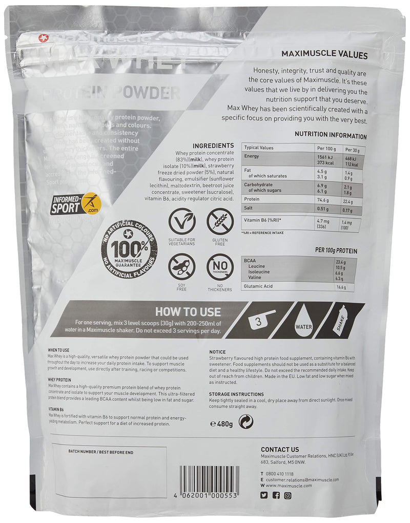 [Australia] - Maximuscle Max Whey | Whey Protein Powder | Protein Shake with Whey Isolate & Concentrate | Low Fat, Low Sugar, Gluten-Free | Strawberry, 480g - 16 Servings 