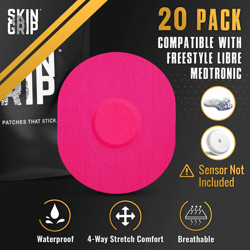 [Australia] - Skin Grip CGM Patches for Medtronic Guardian Sensor (20-Pack), Waterproof & Sweatproof for 10-14 Days, Pre-Cut Adhesive Tape, Continuous Glucose Monitor Protection(Pink) Pink 