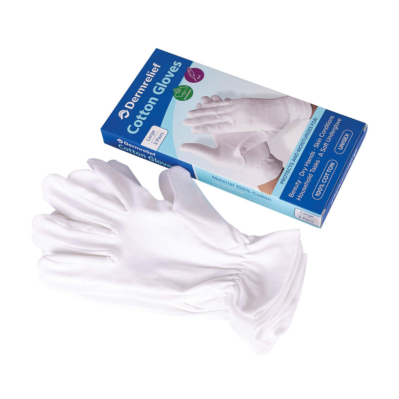 [Australia] - Dermrelief Cotton Gloves - for Beauty, Dry Hands, Skin Conditions, Uniforms, Formal Wear, Inspections or Glove Liner (Large, 3 Pairs) Large (6 Count) 