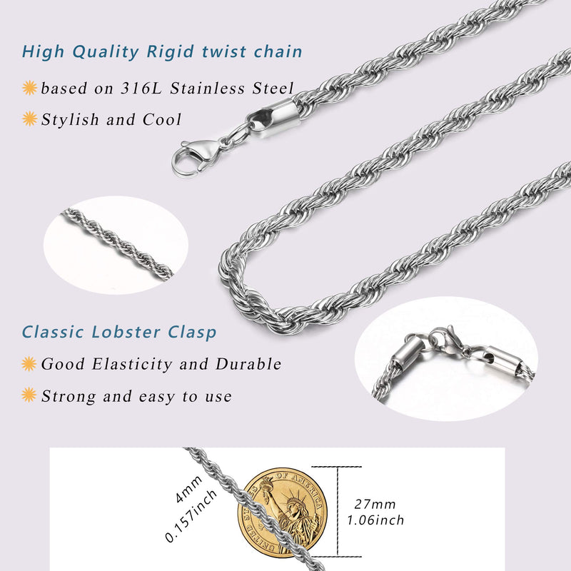 [Australia] - FIBO STEEL 4MM Stainless Steel Twist Rope Chain Necklace for Men Women,16-36 inches 30.0 Inches 