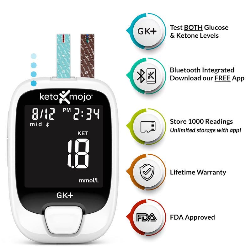 [Australia] - KETO-MOJO GK+ Bluetooth Glucose & Ketone Testing Kit + Free APP for Ketosis & Diabetes Management. 20 Blood Test Strips (10 Each), Meter, 20 Lancets, Lancing Device, and Control Solutions 