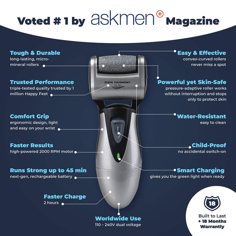 [Australia] - Electric Foot Callus Remover, Feet Scrubber: Own Harmony Rechargeable Mens Pedicure Tools Kit, Professional Electronic Foot Care File, Best for Hard Cracked Dead Skin and Powerful Pedi Spa, 3 Rollers Gray 