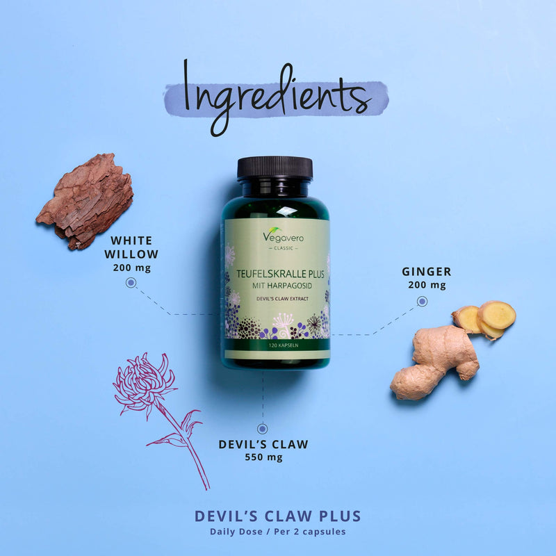 [Australia] - Devil’s Claw Vegavero® | 4400mg (8:1) Extract | 120 Vegan Capsules | Natural Joint Support with White Willow Bark & Ginger | Harpagophytum with 2% Harpagoside | NO Additives 