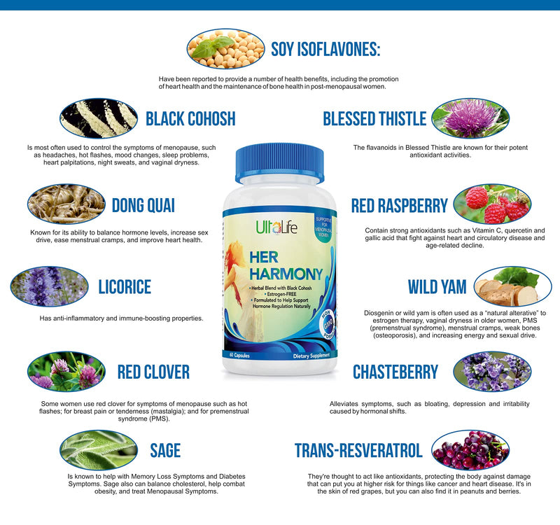[Australia] - Her Harmony Advanced Menopause Supplement + Black Cohosh. Mood Swings, Irritability, Hot Flashes & Night Sweats Relief. Estrogen-Free. Natural Herbal Pill Balances Hormones to Help You Feel Good Again 120 Count (Pack of 1) 