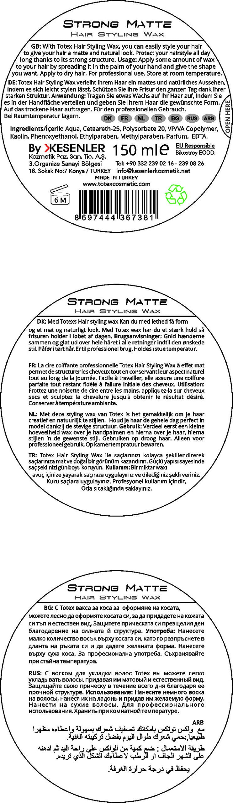 [Australia] - Totex Hair Men Styling Hair Wax - Strong Hold Texture Matte Natural Matte Look Finish - Hair Defining Paste Matte Wax 150ml (2 Pcs Offer) 