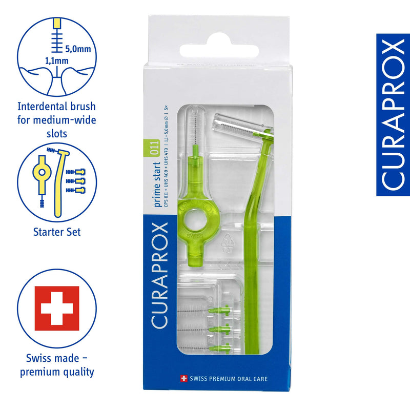 [Australia] - Curaprox CPS 011 Prime Start Interdental Brush Kit, Lime Green - 5 x 1,1mm - 5,0mm Interdental Brushes + 2 Interdental Toothbrush Holders 5 Piece Set 