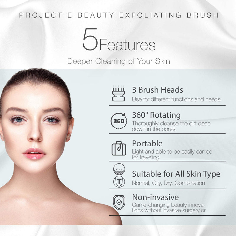 [Australia] - Project E Beauty Electric Facial Cleanser Set | 360¬∞ Rotating Deep Cleansing Beauty Brush Battery Powered Portable Face Cleanser Set with 3 Peeling Exfoliating Brush Head 