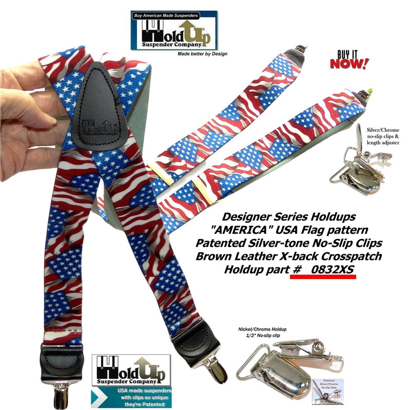 [Australia] - Holdup USA Flag Pattern Designer series X-back suspenders in 1 1/2" width and patented No-slip Silver-tone Clips 