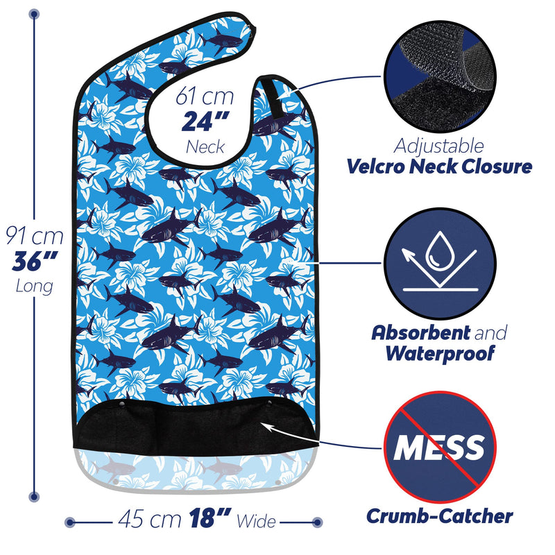 [Australia] - Adult Bibs for Eating: Reusable Adult Size Bib for Men and Women - Washable Clothing Protector with Crumb Catcher Pocket - Hawaiian Shark Edition 