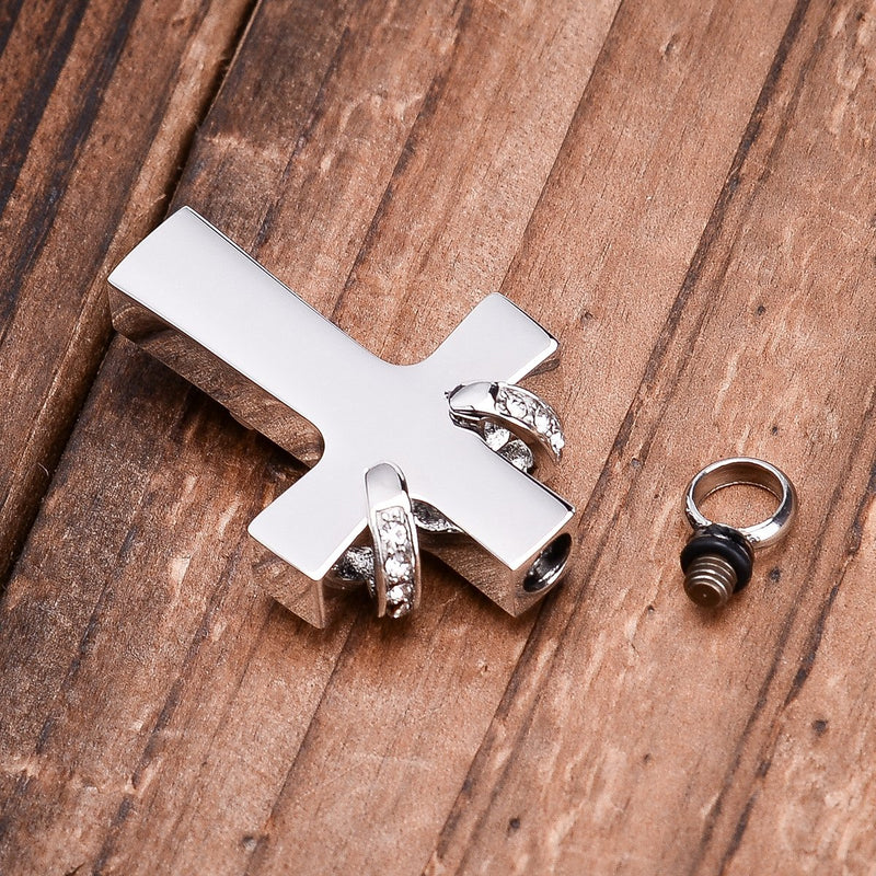 [Australia] - By Double Cross Memorial Ash Urn Necklace with Crystal Stainless Steel Waterproof Jewelry (Cross) Sliver 