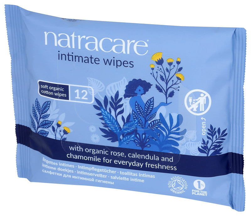 [Australia] - Natracare Organic Cotton Intimate Wipes Infused with Organic Essential Oils of Chamomile, Calendula and French Rose, 12 Wipes per Pack (1 Pack, 12 Wipes Total) 12 Count (Pack of 1) 