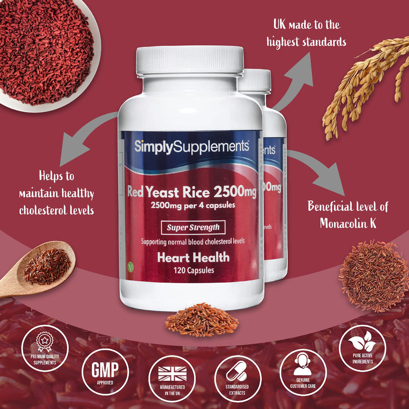 [Australia] - Red Yeast Rice 2500mg Super Strength | Supports Healthy Cholesterol Levels | Vegan & Vegetarian Friendly | 240 Capsules in Total = 60 Day Supply | Manufactured in The UK 