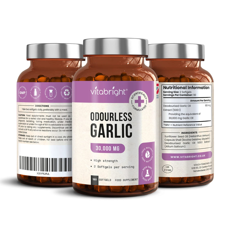 [Australia] - Odourless Garlic Capsules - High Strength 30,000mg - 180 Deodourised Garlic Oil Softgels – High in Allicin Garlic Supplement - 100% Natural Cold Pressed Garlic Tablets – Immune Support - Made in UK 