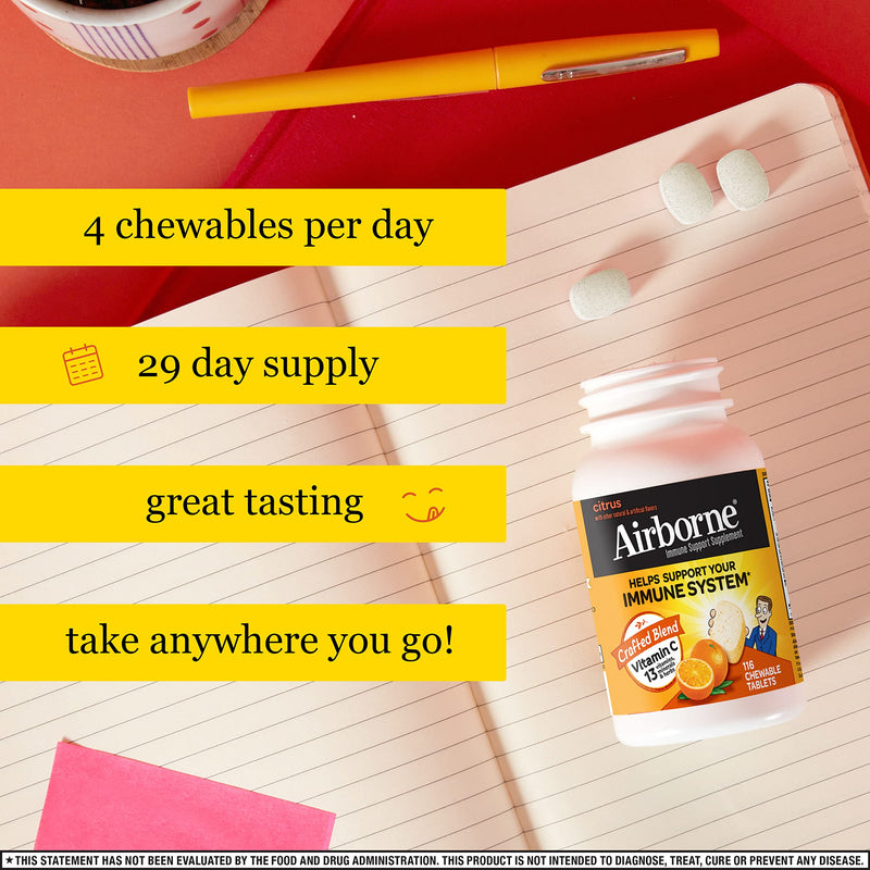 [Australia] - Airborne 1000mg Vitamin C Chewable Tablets with Zinc, Immune Support Supplement with Powerful Antioxidants Vitamins A C & E - (116 count bottle), Citrus Flavor, Gluten-Free 116 Count (Pack of 1) 