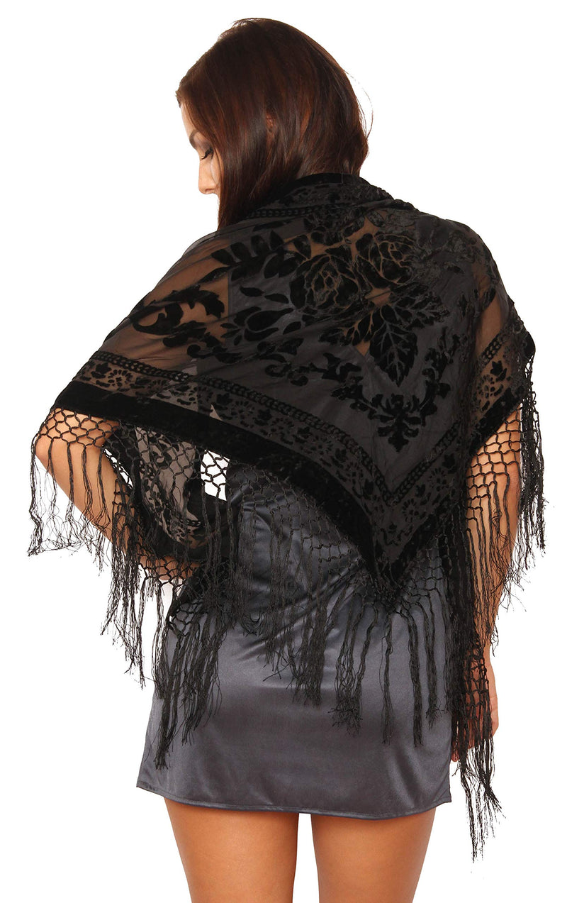 [Australia] - Arsimus Velvet Burnout Shawl Wrap With Fringe One Size Black 