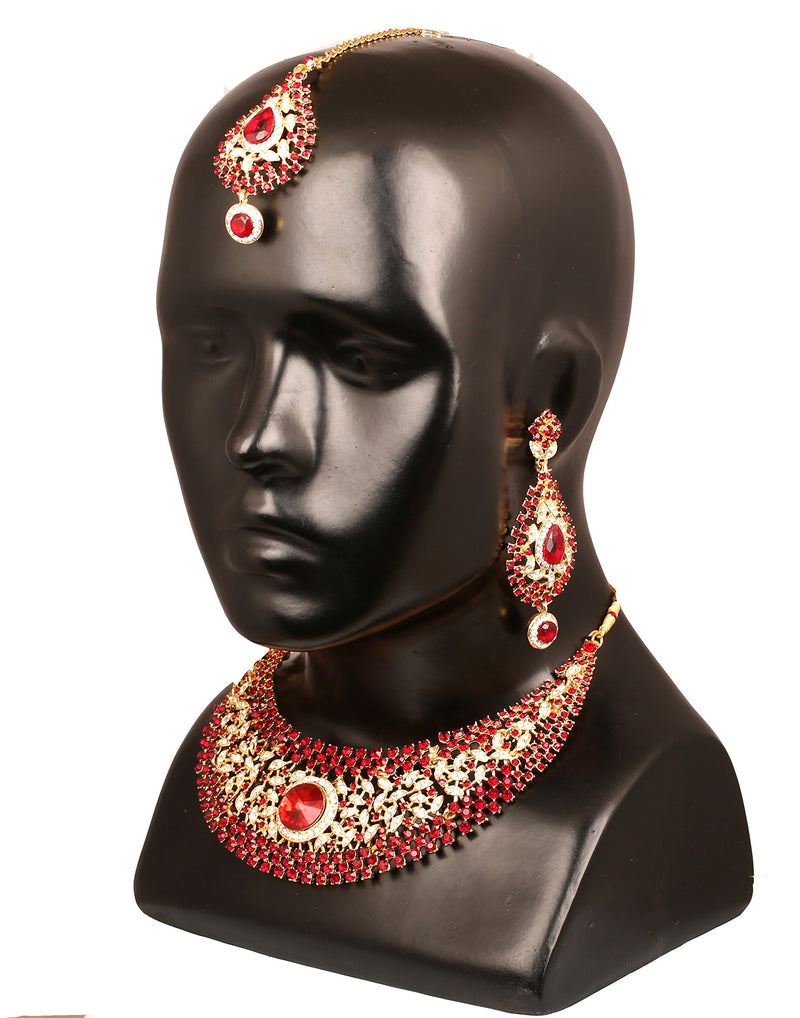 [Australia] - Touchstone Indian Bollywood Fascinating and Gorgeous White red Rhinestone and Rivoli Shape Candy red Faux Ruby Traditional Bridal Designer hasli Necklace Set for Women in Gold Tone 