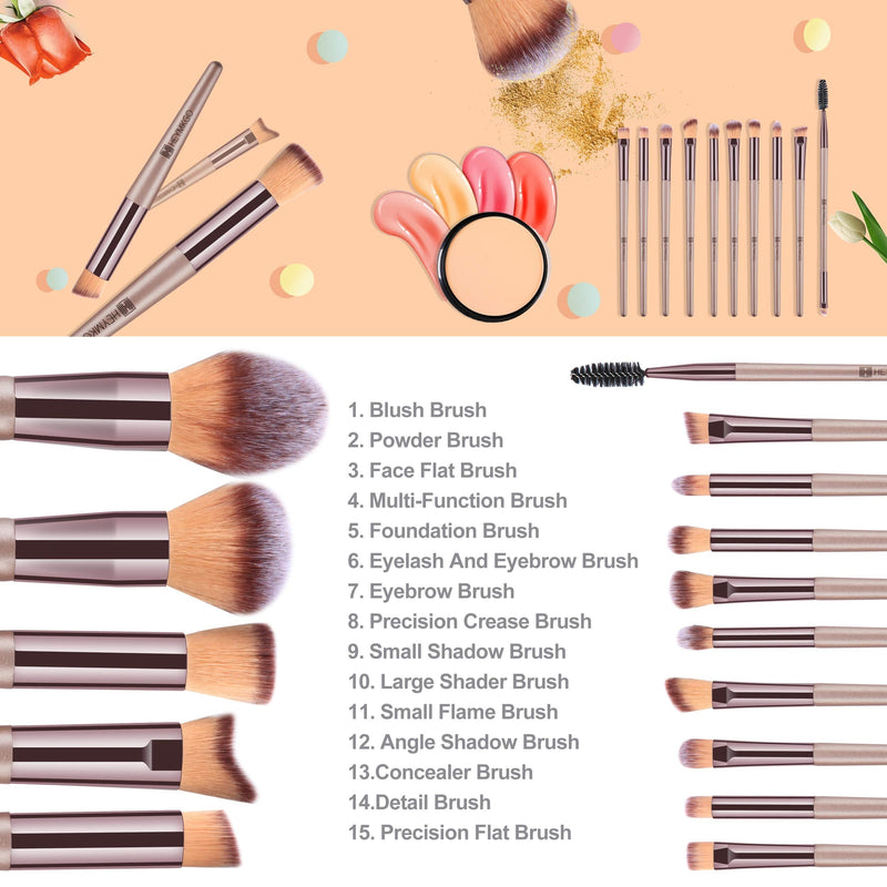 [Australia] - Makeup Brushes HEYMKGO 15PCS Champagne Gold Professional Makeup Brush Sets Foundation Brush Blending Powder Blush Concealers Eye Make Up Brush Set With PU Leather Cosmetics Bag 
