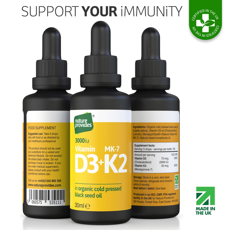 [Australia] - Vitamin D3 & K2 (MK-7) in Organic Black Seed Oil (30ml) High Strength Liquid (3,000IU). MK-7 is 100% Trans. Immune Support Sublingual Drops (Made in The UK) 