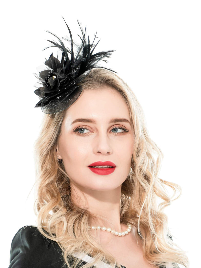 [Australia] - Fascinators Headband for Women Tea Party Hat Kentucky Derby Wedding Flower Mesh Feathers Hair Clip 10-black 