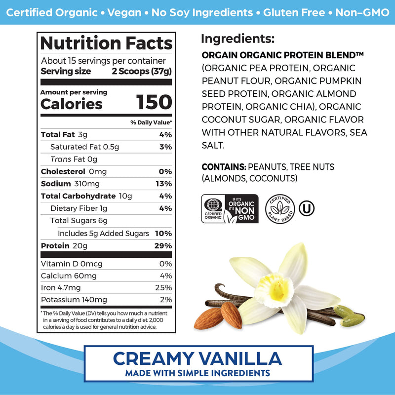 [Australia] - Orgain Simple Organic Vegan Protein Powder, Vanilla - 20g of Plant Based Protein, Made with Fewer Ingredients and Without Dairy, Gluten and Stevia, Kosher, Non-GMO, 1.25 Lb (Packaging May Vary) 