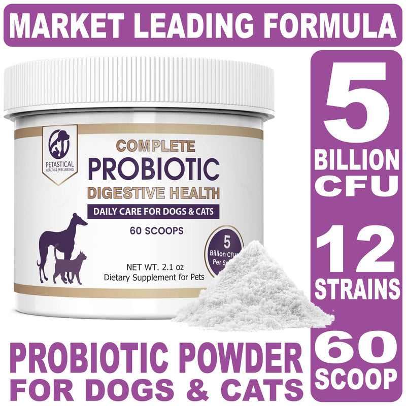 [Australia] - Petastical Probiotics for Dogs and Cats, 5 BILLION CFU Max Strength Canine Feline Probiotic Powder for Digestive Health Pet Supplement, 60 Powder Scoop 60 Scoop 