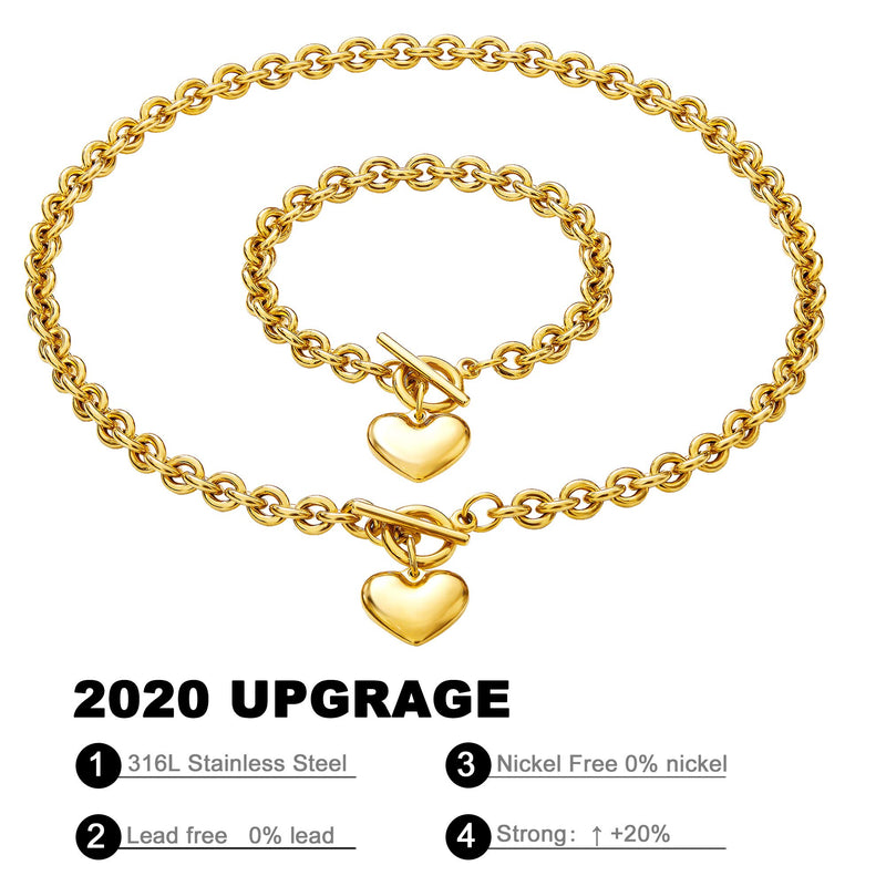 [Australia] - W/W Lifetime Heart Chain Necklace + Heart Bracelet for Women Girls Love Charm Toggle Chain Jewelry Set Stainless Steel 18K Gold/Silver Valentines Gifts 18" necklace+8" bracelet 