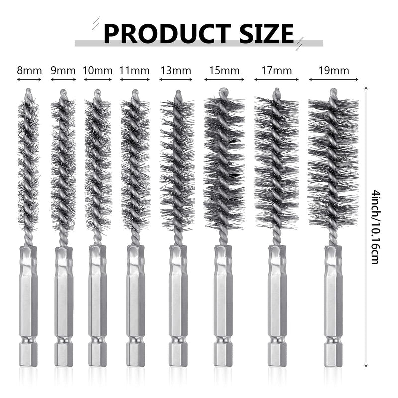 [Australia] - 8 Pieces Wire Brush Drill Bore Cleaning Brush Set with 1/4 Inch Hex Shank Stainless Steel Wire Twisted Brush for Drill Impact Driver, 8 Sizes Silver 
