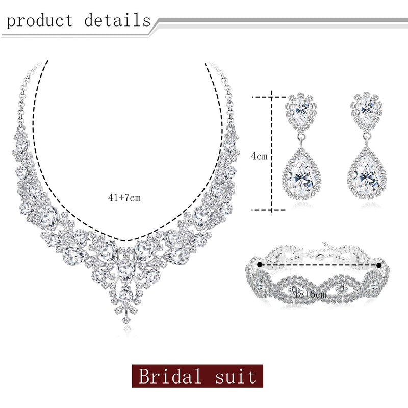 [Australia] - LOLIAS Bridal Austrian Crystal Necklace Link Bracelet Statement Necklace Dangle Earrings Jewelry Set Gifts fit with Wedding Dress A:White A 
