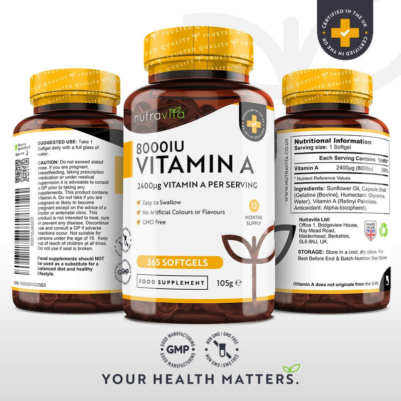 [Australia] - Vitamin A 8,000IU – 365 Softgels – Vitamin A Supplement for Normal Skin, Eyes & Immune System – No Soybean or Fish Liver Oil – 2400μg Vitamin A Capsules not Tablets – Made in The UK by Nutravita 