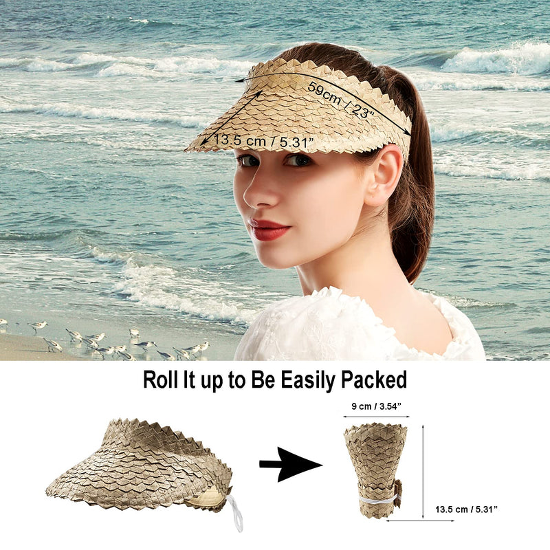 [Australia] - Outrip Straw Sun Visors Hats for Women Beach Summer Wide Brim UV Protection Roll-up Golf Tennis Running Visor Beige 