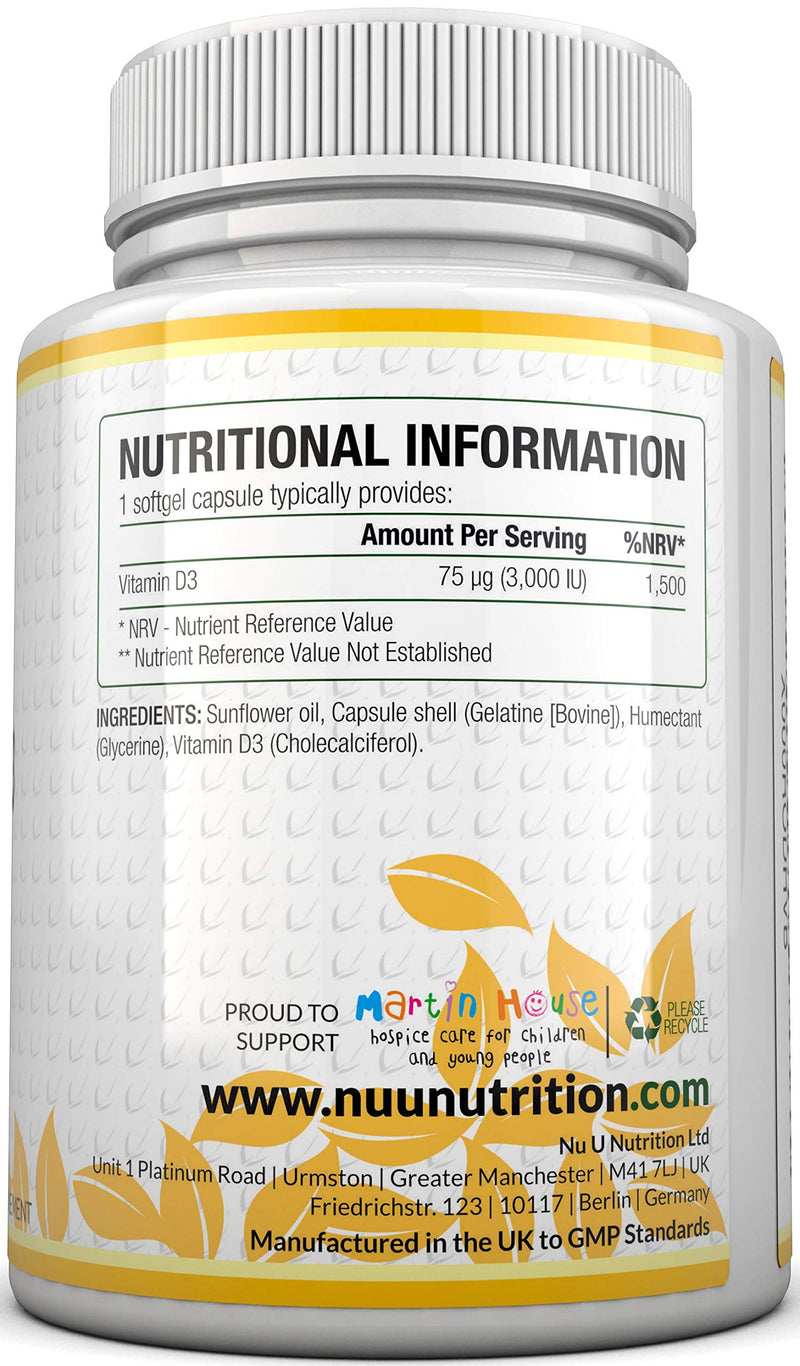 [Australia] - Vitamin D 3000 IU 365 Softgels (Full Year Supply) | Triple Strength Vitamin D3 Supplement | High Absorption Cholecalciferol | Gluten & Dairy Free by Nu U Nutrition 