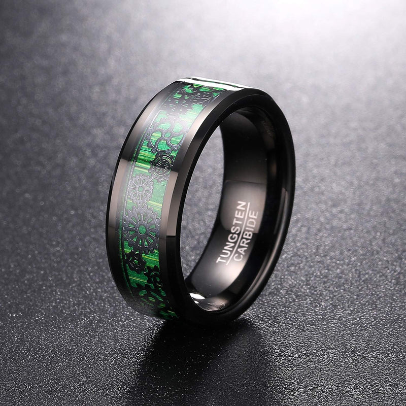 [Australia] - NUNCAD 8mm Black Tungsten Rings with Green Carbon Fiber for Men Women Steampunk Gear Wheel Inlay Beveled Edges Comfort Fit Size 7-12 