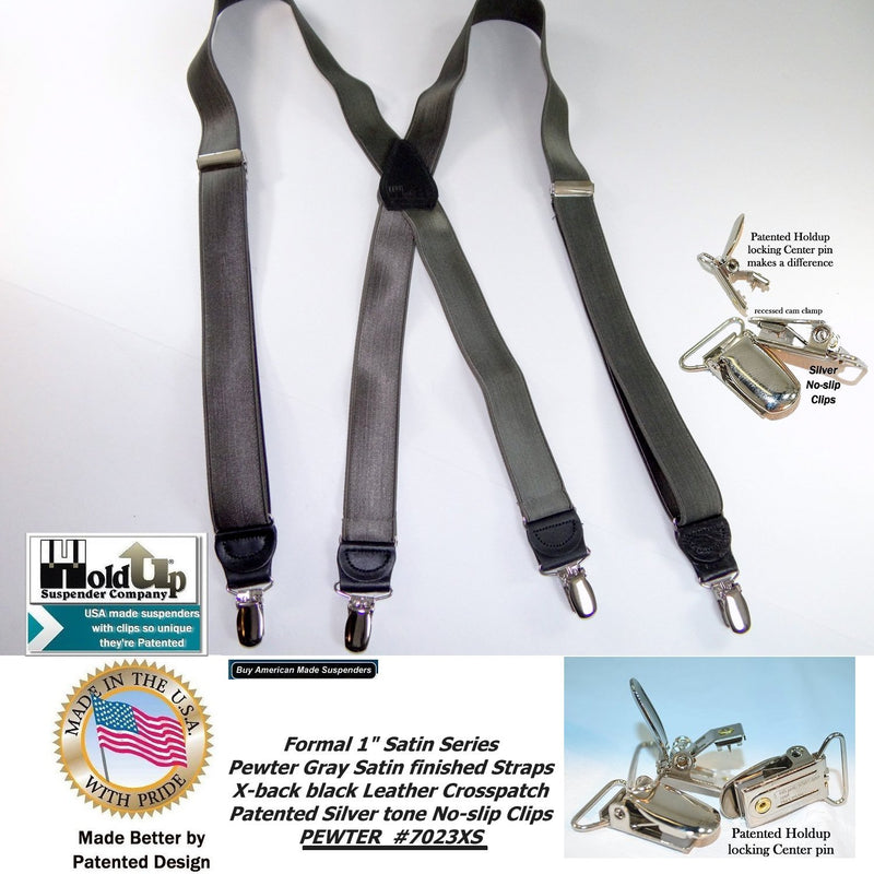 [Australia] - Holdup Brand dark Pewter Grey Satin Finished 1" narrow X-back Suspenders with Silver tone Silver No-slip clips 