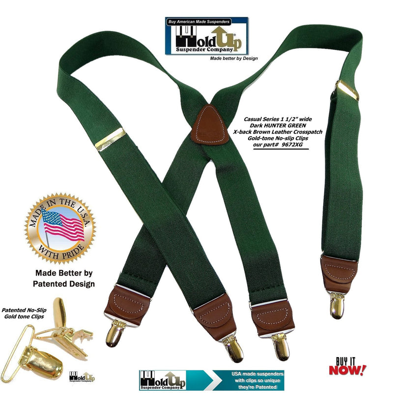 [Australia] - Holdup Suspender Company's Dark Hunter Green Men's Clip-On Suspenders with X-Back Style and Gold No-slip Clips 