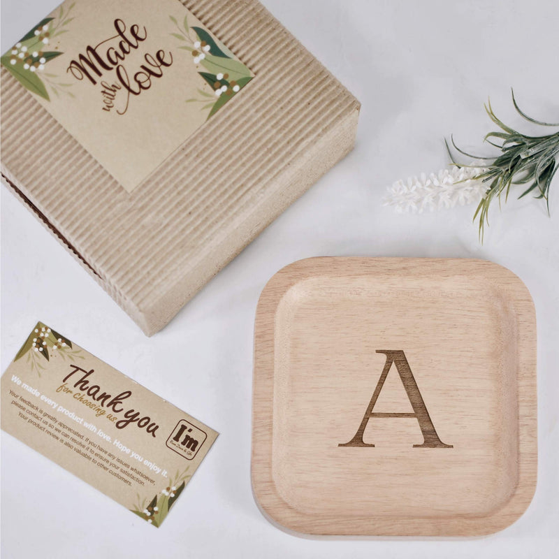 [Australia] - Solid Wood Personalized Initial Letter Jewelry Display Tray Decorative Trinket Dish Gifts For Rings Earrings Necklaces Bracelet Watch Holder (6"x6" Sq Natural "A") ุ6"x6" Sq Natural "A" 