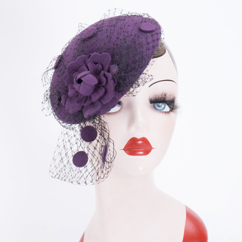 [Australia] - Lawliet Womens Fascinator Wool Hair Pillbox Hat Rose Veil Cocktail Party Wedding A043 Purple 