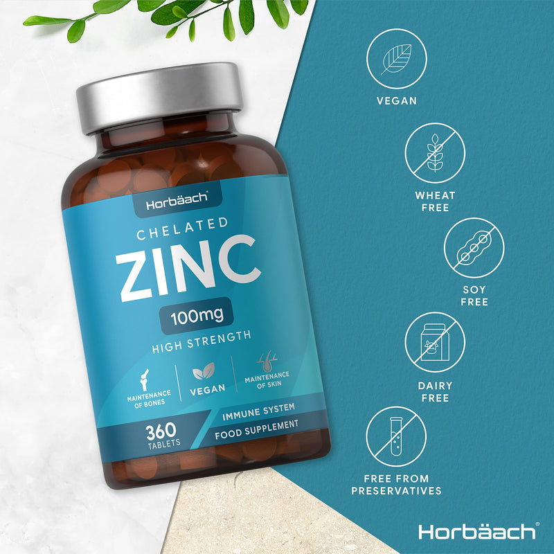 [Australia] - Chelated Zinc Supplement 100mg | 360 Vegan Tablets | High Strength Zinc Gluconate | for Immunity, Skin, Hair, Nails and Bones | No Artificial Preservatives | by Horbaach 