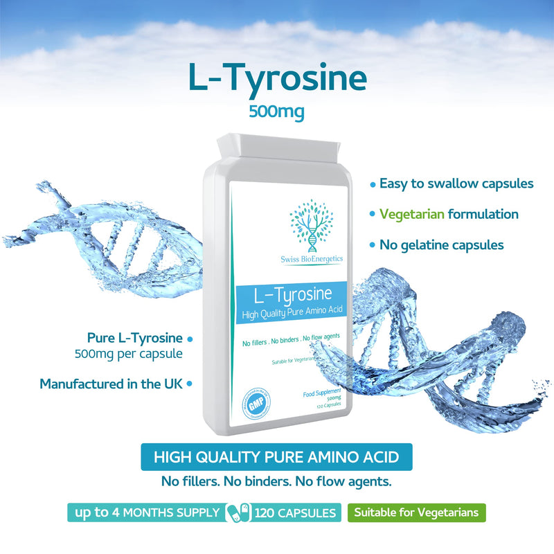 [Australia] - L-Tyrosine 500mg 120 Capsules - Pure Amino Acid with No Fillers or Binders or Flow Agents – an Amino Acid Nutritional Supplement Suitable for Vegetarians - UK Made 