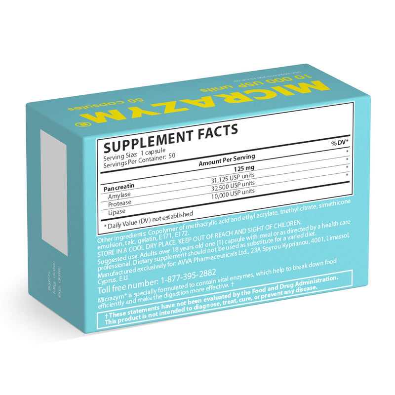 [Australia] - AVVA Pharmа Micrazym Pancreatic Enzymes - 10,000 USP Effective Pancreatic Enzyme Supplements - Digestive Enzymes for Digestion - 50 Fast-Acting Capsules with Amylase, Lipase and Protease 