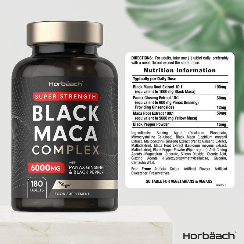 [Australia] - Maca Root Capsules 6000mg | High Strength | Black Maca Complex | with Black Maca, Panax Ginseng, Yellow Maca & Black Pepper | 180 Vegan Tablets | by Horbaach 